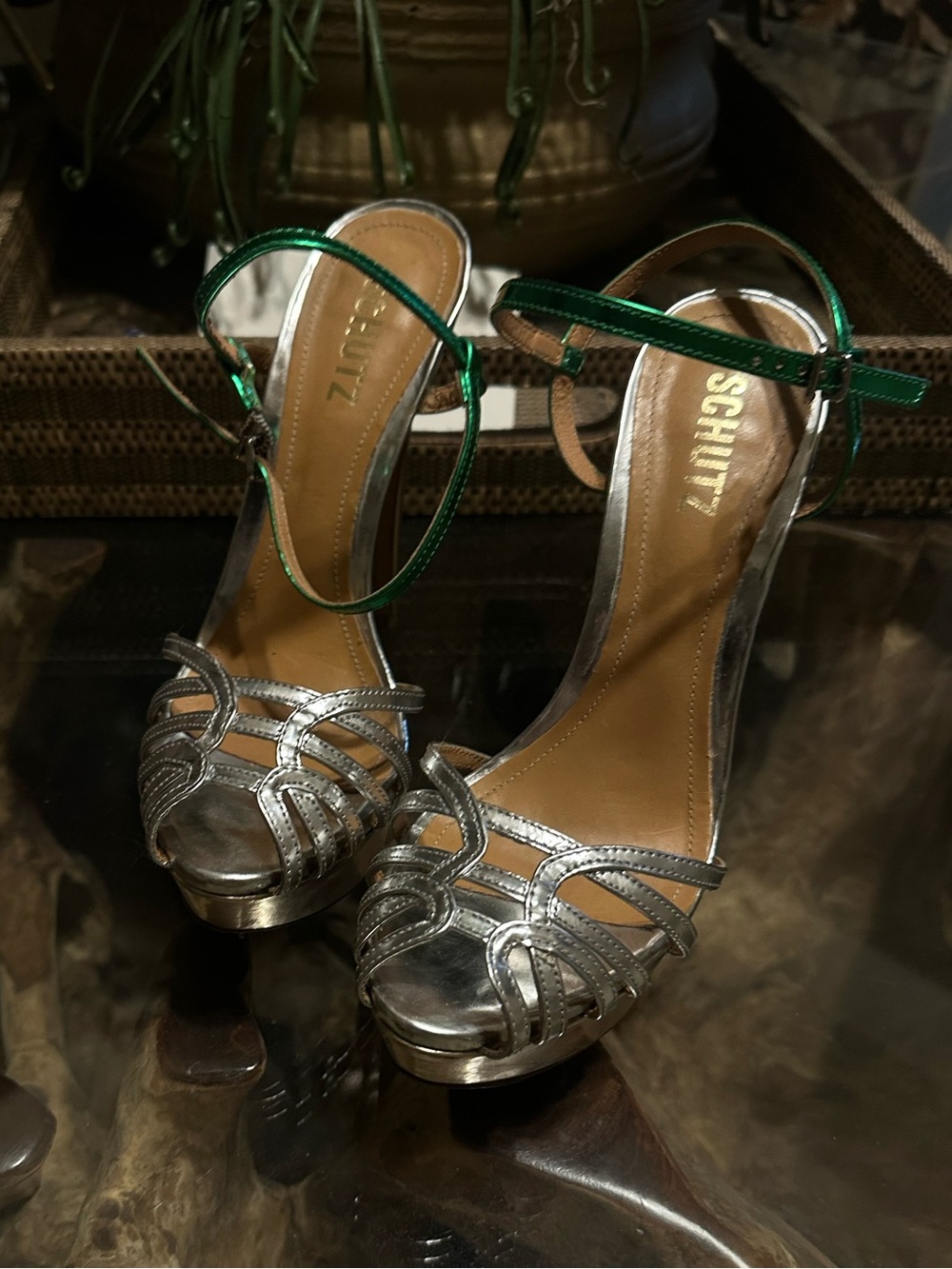Schutz Silver Metallic Strappy Heels with Green Ankle Strap